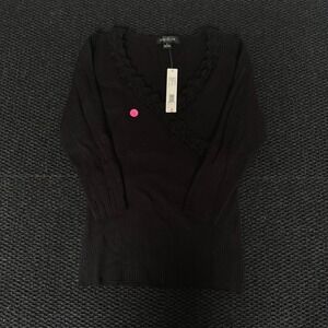 August Silk NWT Black Ribbed V Neck Ruffle Trim Pullover Sweater Top Size M